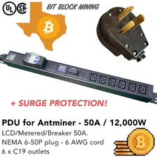 LCD Metered Mining PDU 240V 50A 6-Ports C19 Surge Protector Nema 6-50P Cord 6.5F