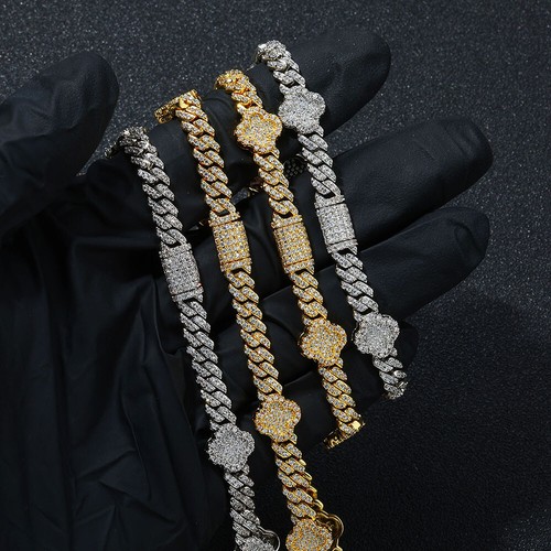 Cadena de eslabones cubanos Miami trébol de cuatro hojas chapado en oro helado acero inoxidable 6 mm - Imagen 11 de 26