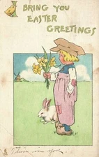 Bring Easter Greetings Young Boy Carrying Yellow Flowers Rabbit Tuck's Postcard