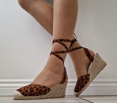 Damen-Espadrille-Sandalen Leopardenmuster Knöchelriemen zum Binden Keilabsatz Plateauschuhe