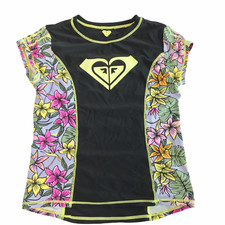 ROXY Rash Guard Shirt Short Sleeve Black w Floral Flowers Pattern Sz XS / Small