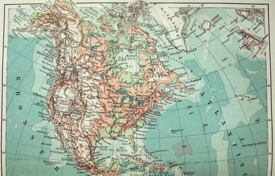 Mapa físico y económico original de las Américas en 1910 por Meyers. Alemán Foto 3 de 3
