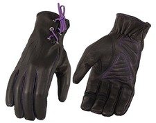 Ladies Black Leather Riding Gloves PURPLE LACED Wrist Driving Motorcycle Bike