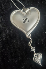 Small Heart dangle Valentines Day Ornament says Jill Silver colored 1.25" wide