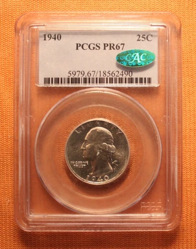 1940 PCGS/CAC PR67 WASHINGTON SILVER QUARTER, GEM, 25C