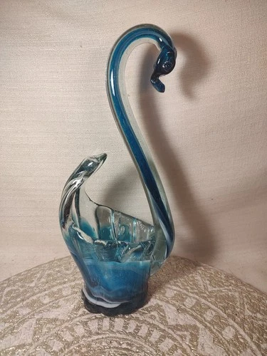 Vintage Murano Green & Blue Venetian Glass Long Neck Swan Figurine Beautiful