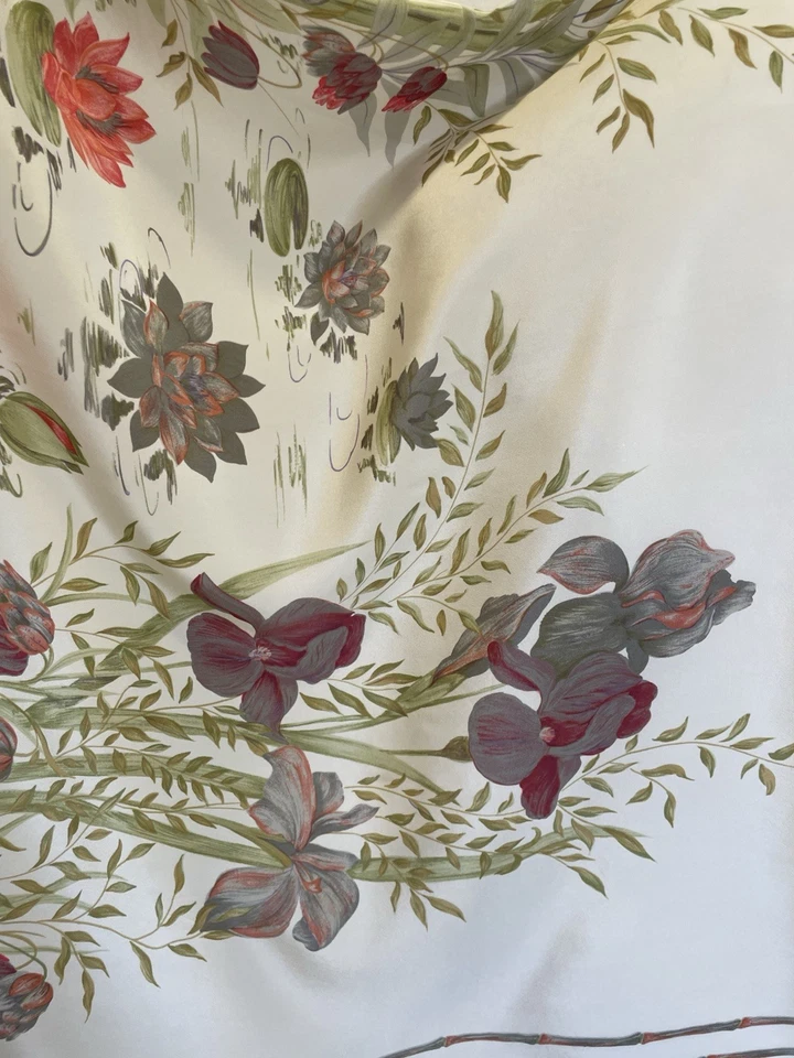 H77# VALENTINO Silk Scarf Floral Botanical Print White Gray Border Made In Italy - Image 4 of 4