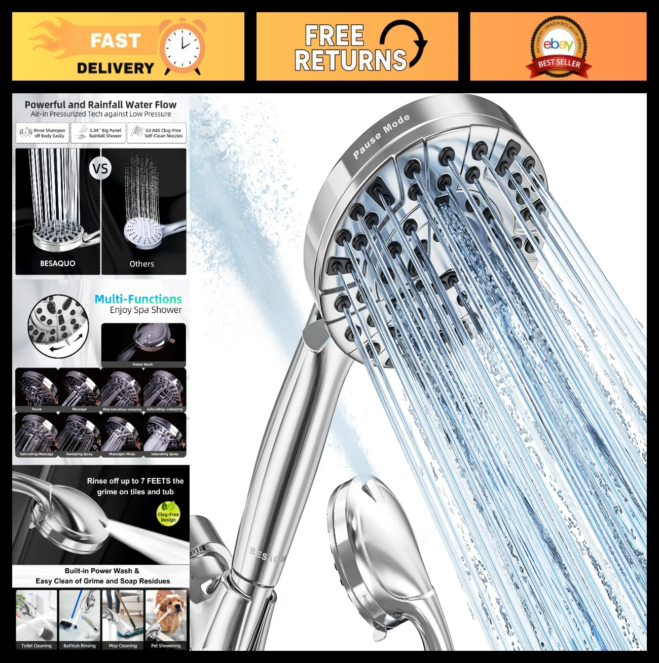 High Pressure Handheld Shower Head - 10 Functions, Pause Mode, Leakproof Hose &
