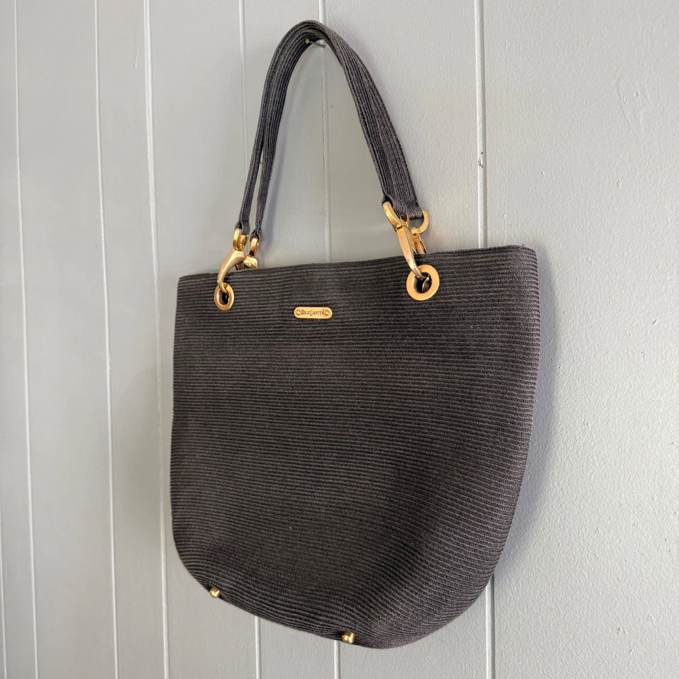 Eric Javits Woven Tote Bag Shoulder Bag Gold Hardware Neutral Vintage Gingham - Image 3 of 4