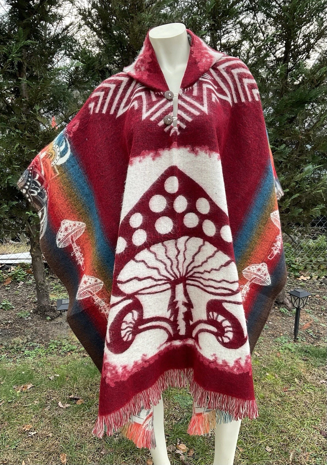 HANDMADE ALPACA WOOL PONCHO, Unisex, Red, Mushroom, Soft & Warm, Made In Ecuador