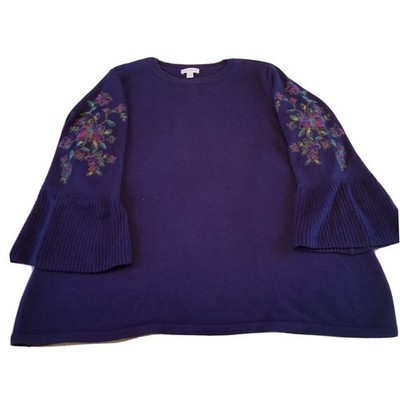 Susan Graver Size 2X Navy Blue Sweater Embroidered 3/4 Flared Sleeves