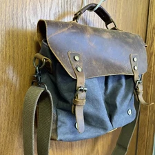 Lifewit Messenger Bag Grey Canvas and Brown Leather Excellent Condition Men’s