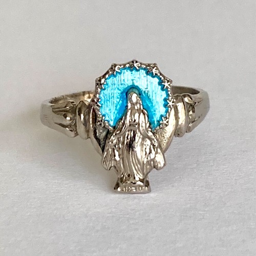 Vintage Miraculous Virgin Mary Ring Silver Tone Enamel Dress Stamped 1830