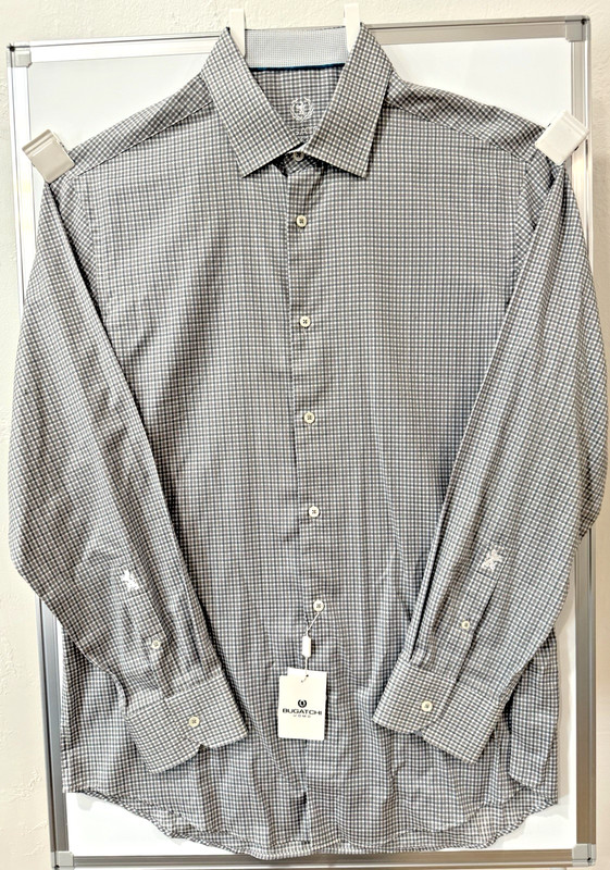 NWT NEW Bugatchi Uomo Checkered Gray White Shirt 17 34-35