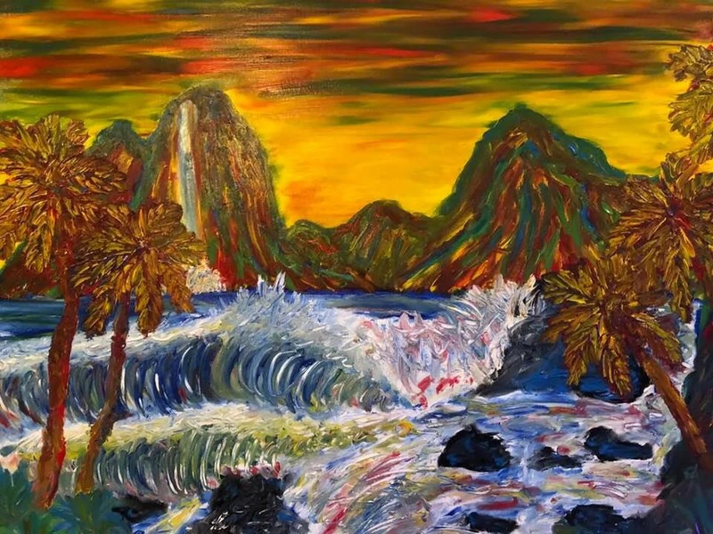 Finger Painted Painting Oil Original Hand Mountains Hawaii Beach Sunset Kinnaman
