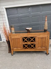 Wooden Dining Room Buffet with A Built-in Wine Rack and Two Cabinets. Used