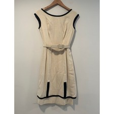 VTG 1950s-60s Lord & Taylor Fifth Ave Belted Midi Dress Cream Black Piping JL