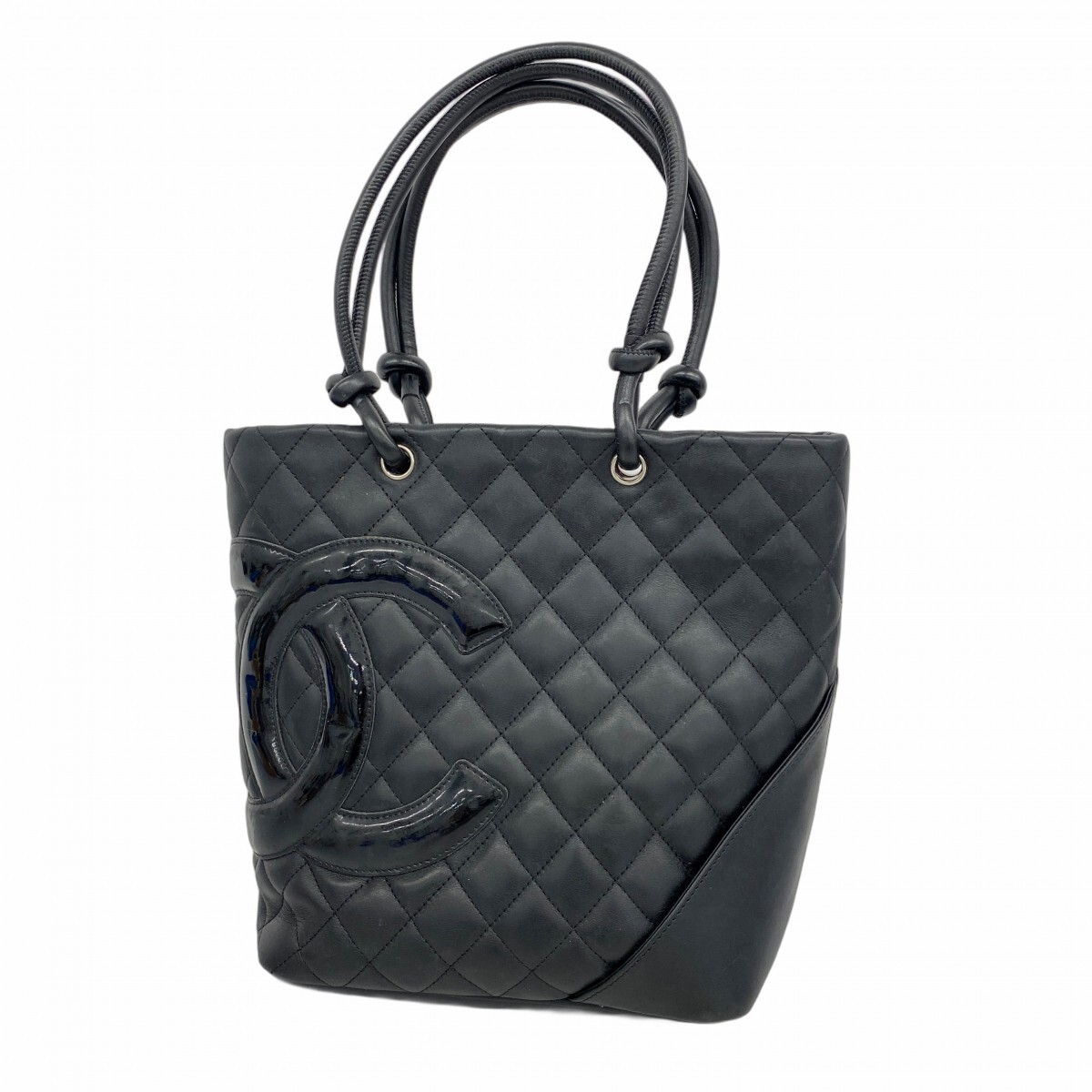 Chanel Cambon Lambskin Patent Leather Tote Bag Black Used