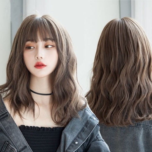 Korean Curly Wigs Women Female Medium Long Hairs with Air Bangs Full Headgear - Picture 2 of 13