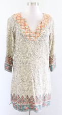 Lucky Brand Beige Floral Bright Embroidered Neckline Tunic Dress Size XS Boho