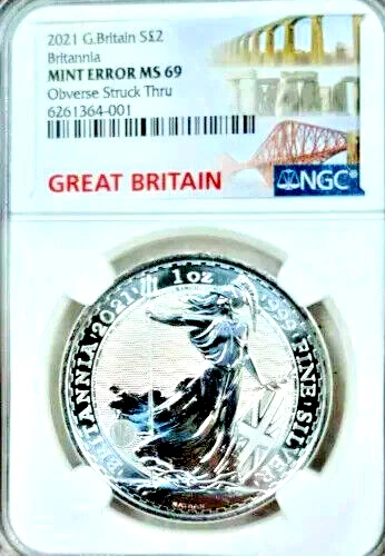 2021 G. BRITAIN SILVER BRITANIAN MINT ERROR NGC MS 69 REV STRIKE THRU.