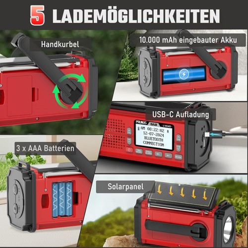 Digital Radio DAB+/UKW Kurbelradio Notfall 10000Mah Akku Bluetooth Taschenlampe - Bild 5 von 7