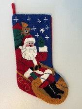 Vintage Christmas Stocking Hooked Wool Santa Sleigh Blue Red 19" Needlepoint