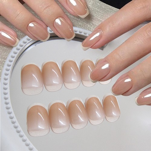 24Pcs White Wearable False Nails Almond Fake Nails with Glue Press on Simple Ins