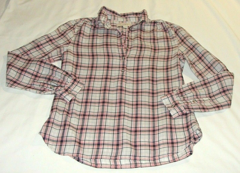 ANN TAYLOR LOFT Pink/Gray/White Long Slv PLAID 1/2 Button Pop Over BLOUSE Sz XS