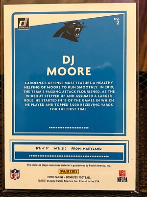 DJ MOORE 2020 DONRUSS THREADS CAROLINA PANTHERS WORN JERSEY PATCH RELIC  MARYLAND