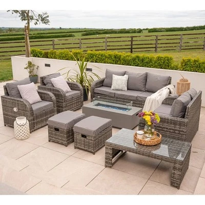Lotus 9 Seater Rattan Garden Furniture Recliner Sofa Set with Fire Pit table