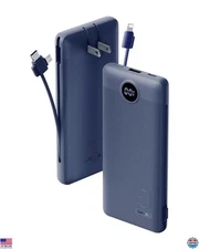 Portable 10000mAh Power Bank with Built-in Cables & AC Plug, Compact Charger