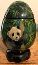 The Vaase Lacquerware Panda Bear Hand Painted Egg Shaped Trinket Box 8.5"T