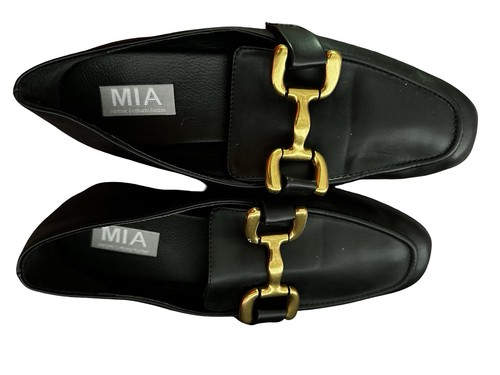 MIA Drena Black Loafers W/Large Gold Tone Horsebit Slip On Women’s Sz 8.5M EUC - Picture 2 of 12