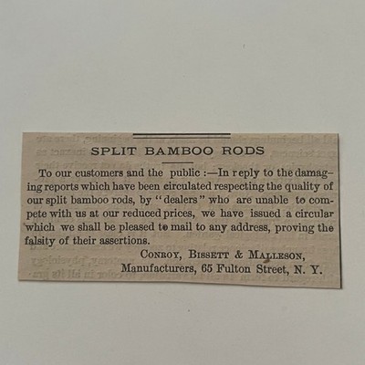 Conroy Bissett & Malleson Split Bamboo Rods By Dealers NY 1878 Clipping SAI4-S37