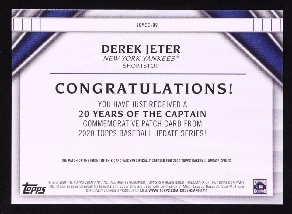 DEREK JETER 2020 Topps Update Series 20 Years of the Patch (YANKEES HOF) 🔥🔥 - Image 2 of 2