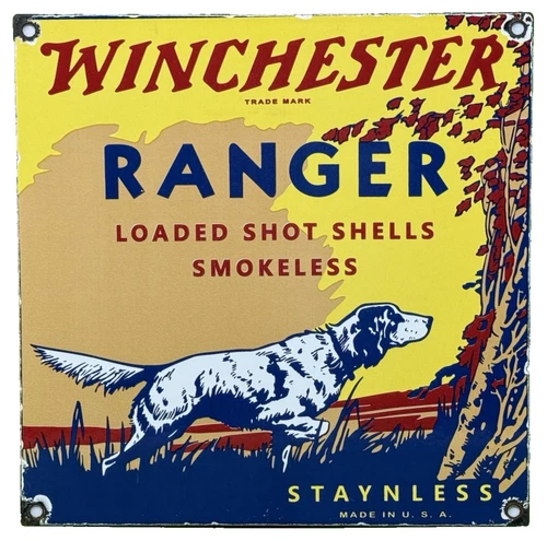 VINTAGE WINCHESTER PORCELAIN SIGN, AMMO, 12 GAUGE SHELLS, BIRD HUNTING, SHOT GUN