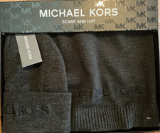 MICHAEL KORS charcoal Set LOGO scarf 10  x 60   Hat NWT 98 box