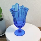 Vintage Fenton Colonial Blue Glass Thumbprint Handkerchief Swung Vase