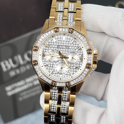 Bulova Octava 98C126 Pave Crystal Dial Silver Gold Two Tone Men's Quartz Watch