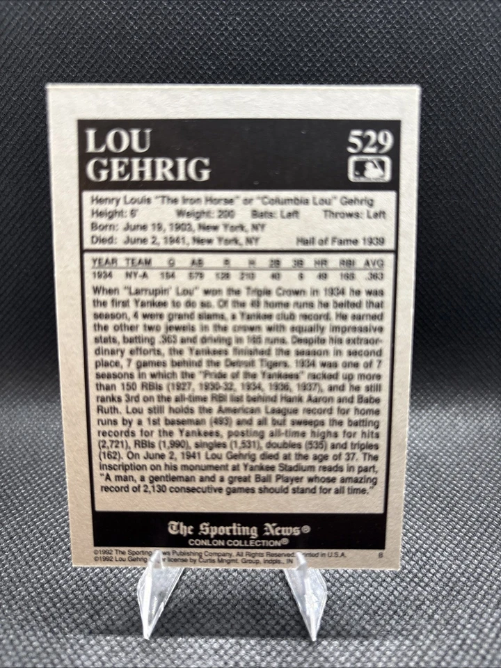 1992 The Sporting News Triple Crown Winner #529 Lou Gehrig-NY Yankees. HOF - Image 2 of 2