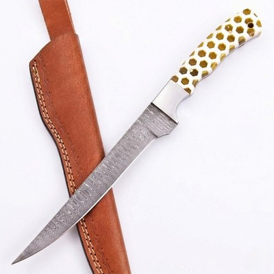 Shard Golden Hive Damascus Knife Honeycomb Resin Handle Full Tang Fillet SheathU
