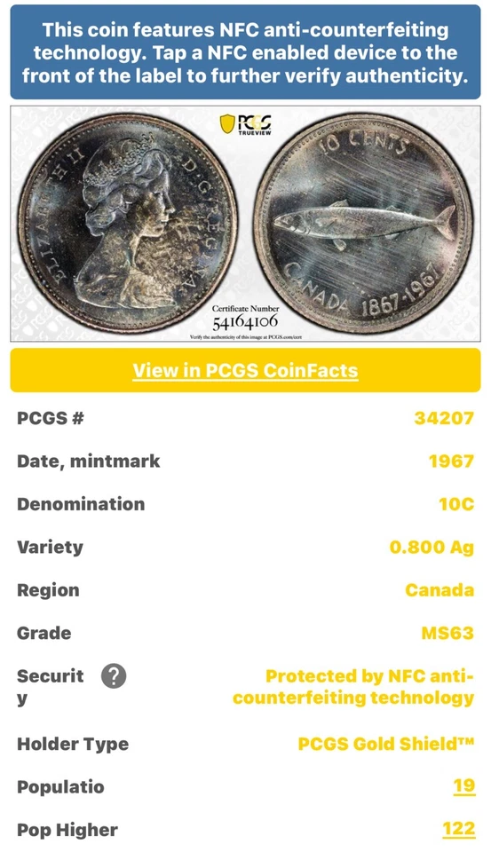 🔥Monster Toning 1967 Canada Silver 10 Cent Mackerel Canadian Dime 10C PCGS MS63 - Image 4 of 4