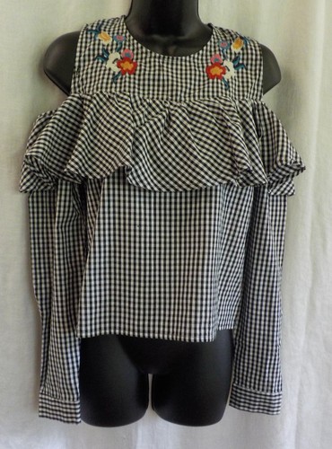 True Destiny Cold Shoulder Blouses NWT Black Plaid Embroider Floral Ruffle Long - Picture 2 of 12