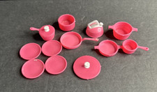Vintage Barbie Dollhouse Size Tea Kettle Pots Pans Lot 13 Pieces Pink Kitchen