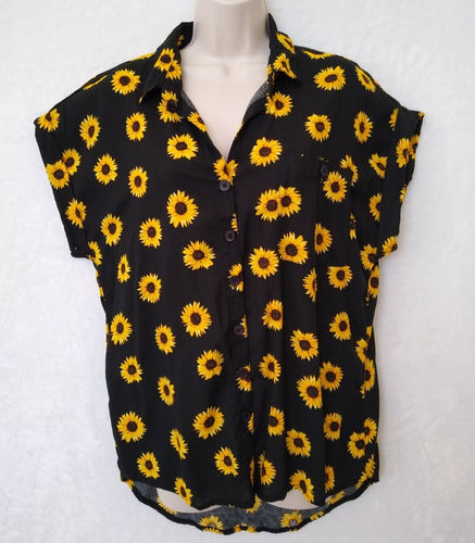 Whos That Girl Sunflower Blouse XL Black Floral Button Up Women's Boho Top Rayon