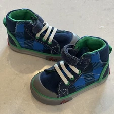 See Kai run high top sneakers toddler Size 4.5 blue Green Buffalo plaid