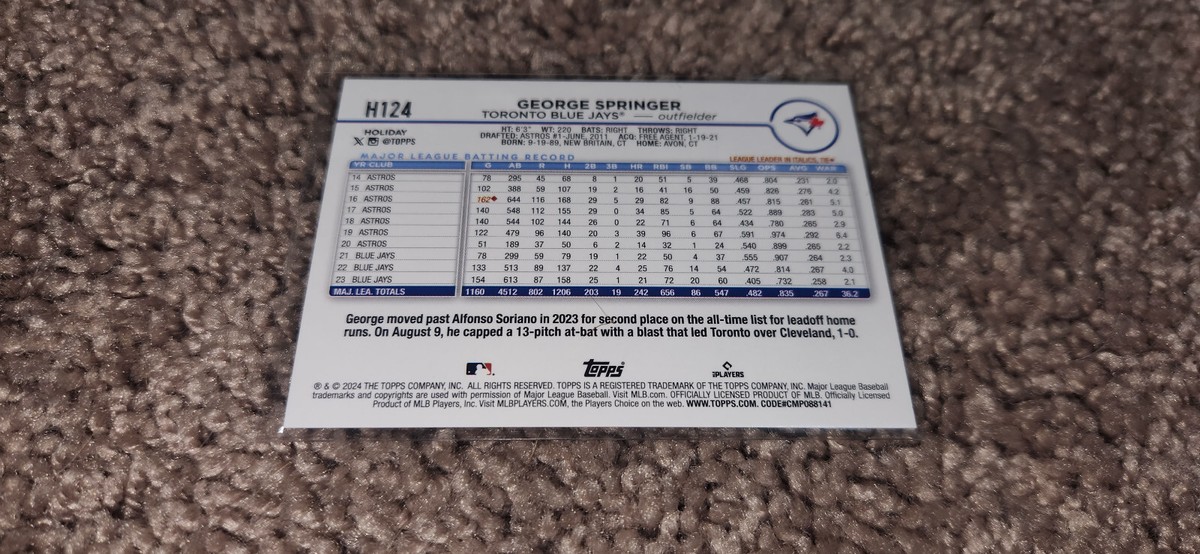 A32: 2024 Topps Holiday #H124 George Springer Silver Glitter