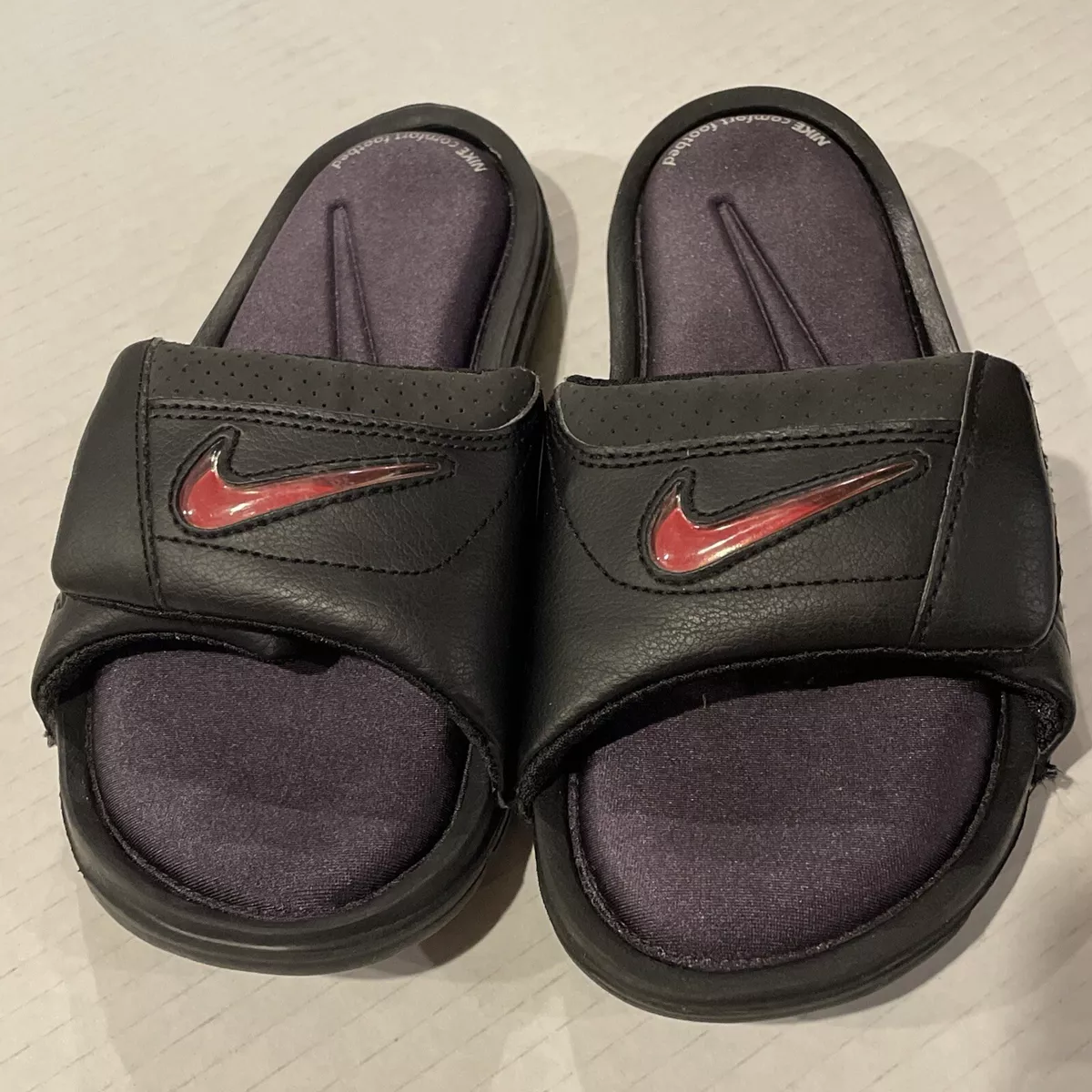 Nike Comfort Footbed Slide Black with Red Swoosh Sandals Shoes Size 3 Youth  | eBay