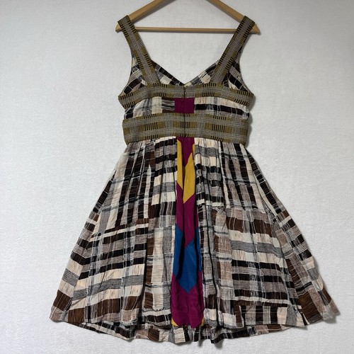 100% Silk Babydoll Sleeveless Dress V Neck Sz 8 Knee Length Patchwork Plaid Boho - Picture 4 of 11